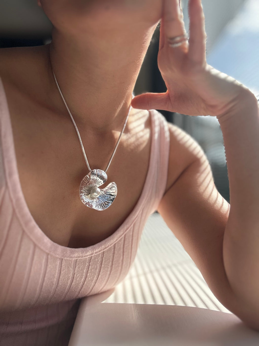 Silver Statement Necklace with Pearl | Sculptural Pendant Necklace | Modern Minimalist Jewellery | Gift for Her