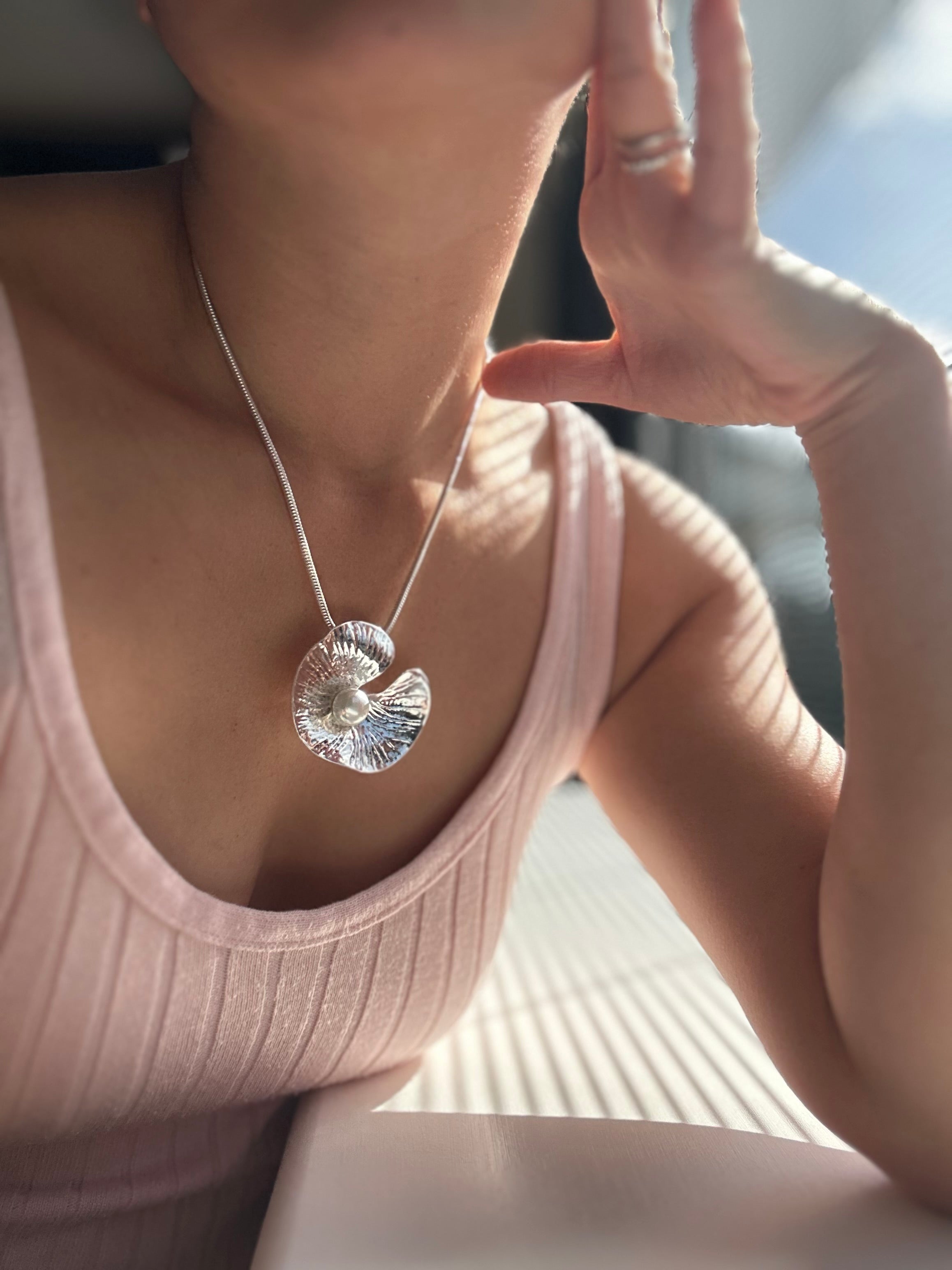 Silver Statement Necklace with Pearl | Sculptural Pendant Necklace | Modern Minimalist Jewellery | Gift for Her