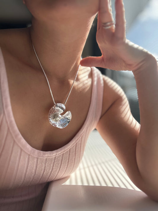 Silver Statement Necklace with Pearl | Sculptural Pendant Necklace | Modern Minimalist Jewellery | Gift for Her