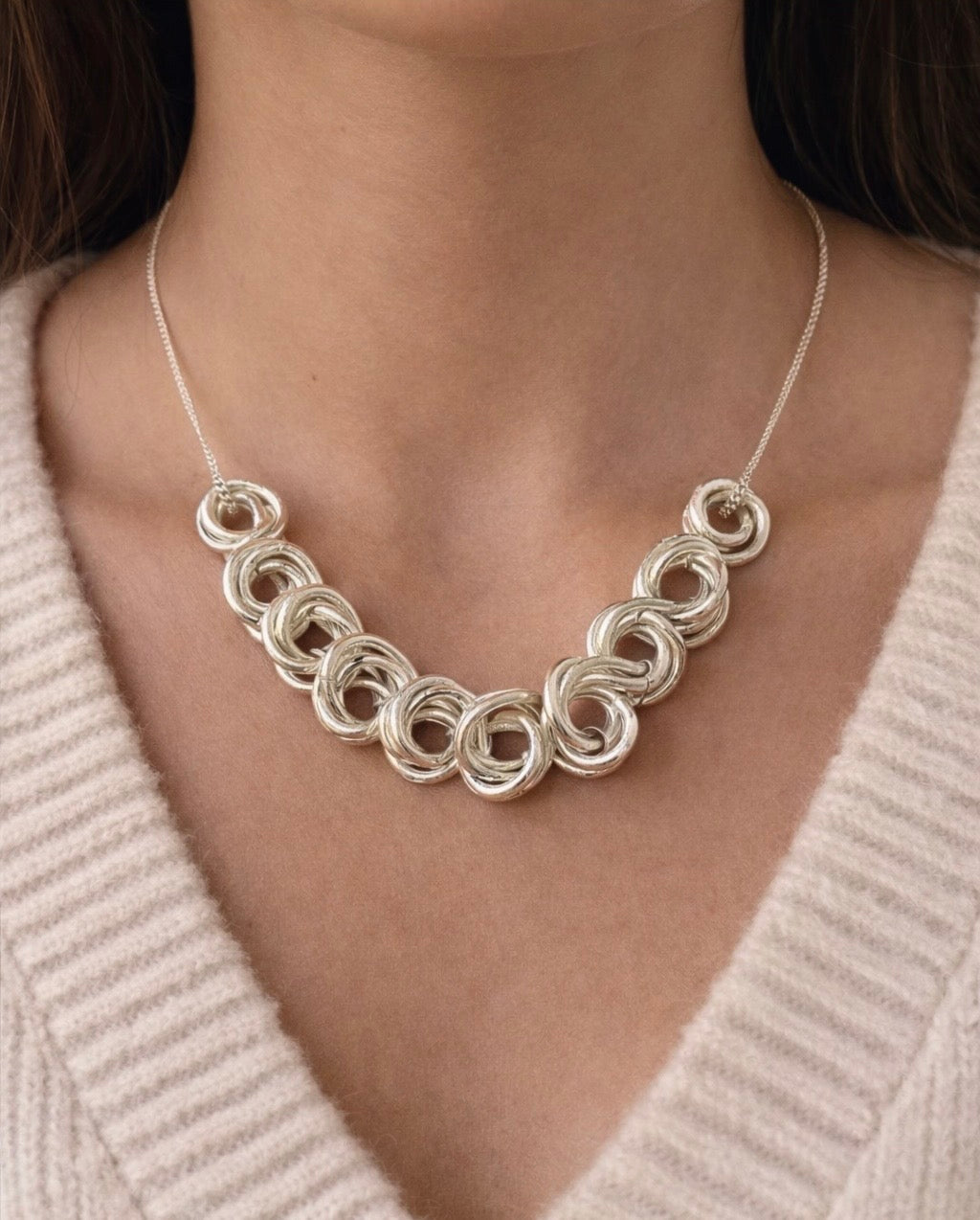 Sculptural Silver Circle Necklace, Modern Statement Jewellery, Contemporary Design
