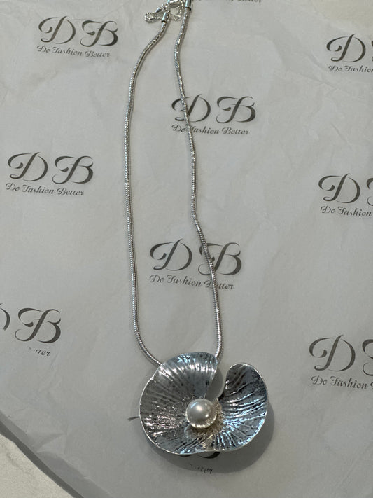 Silver Statement Necklace with Pearl | Sculptural Pendant Necklace | Modern Minimalist Jewellery | Gift for Her