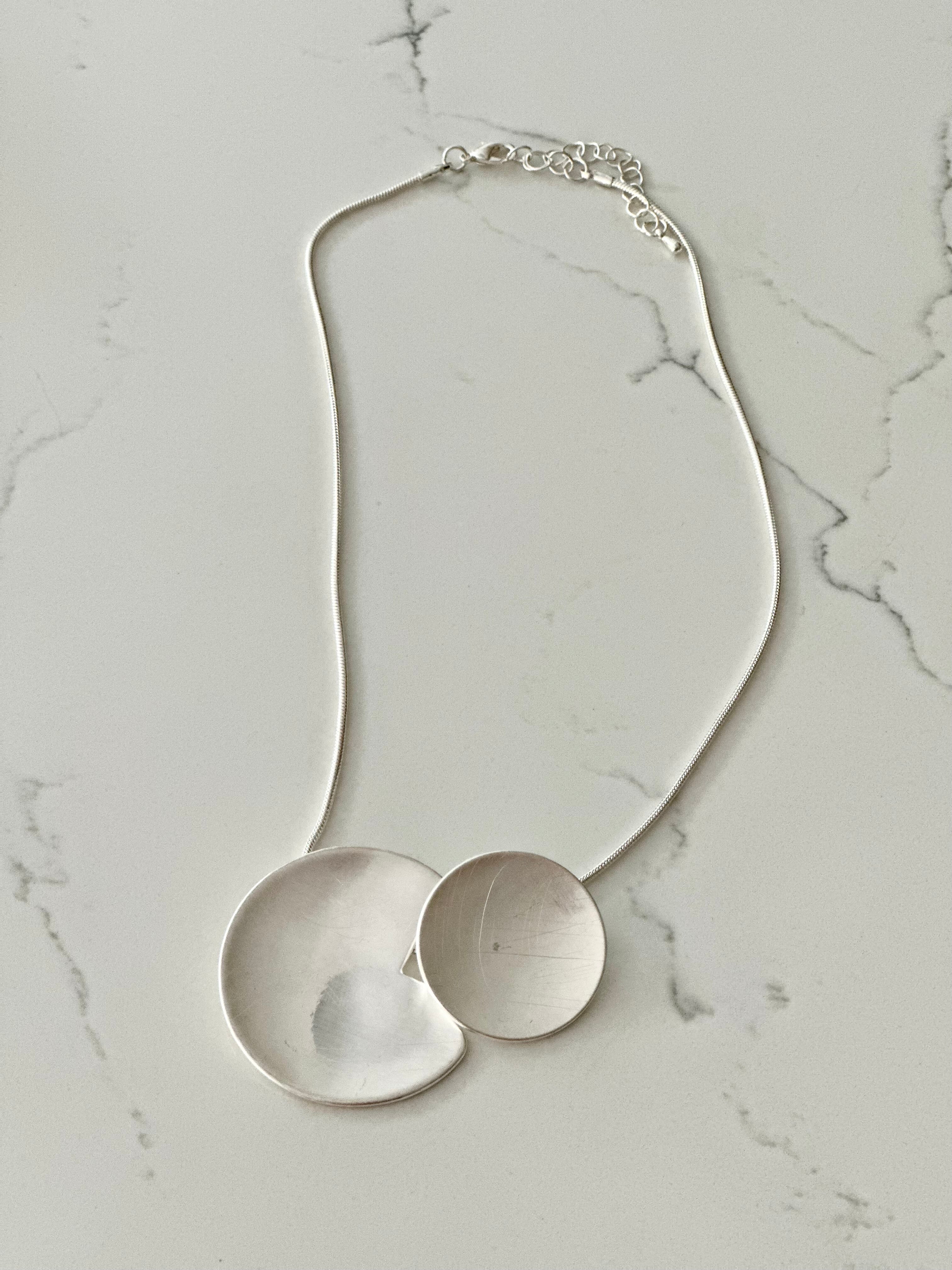 Minimalist Silver double-disc Statement Necklace